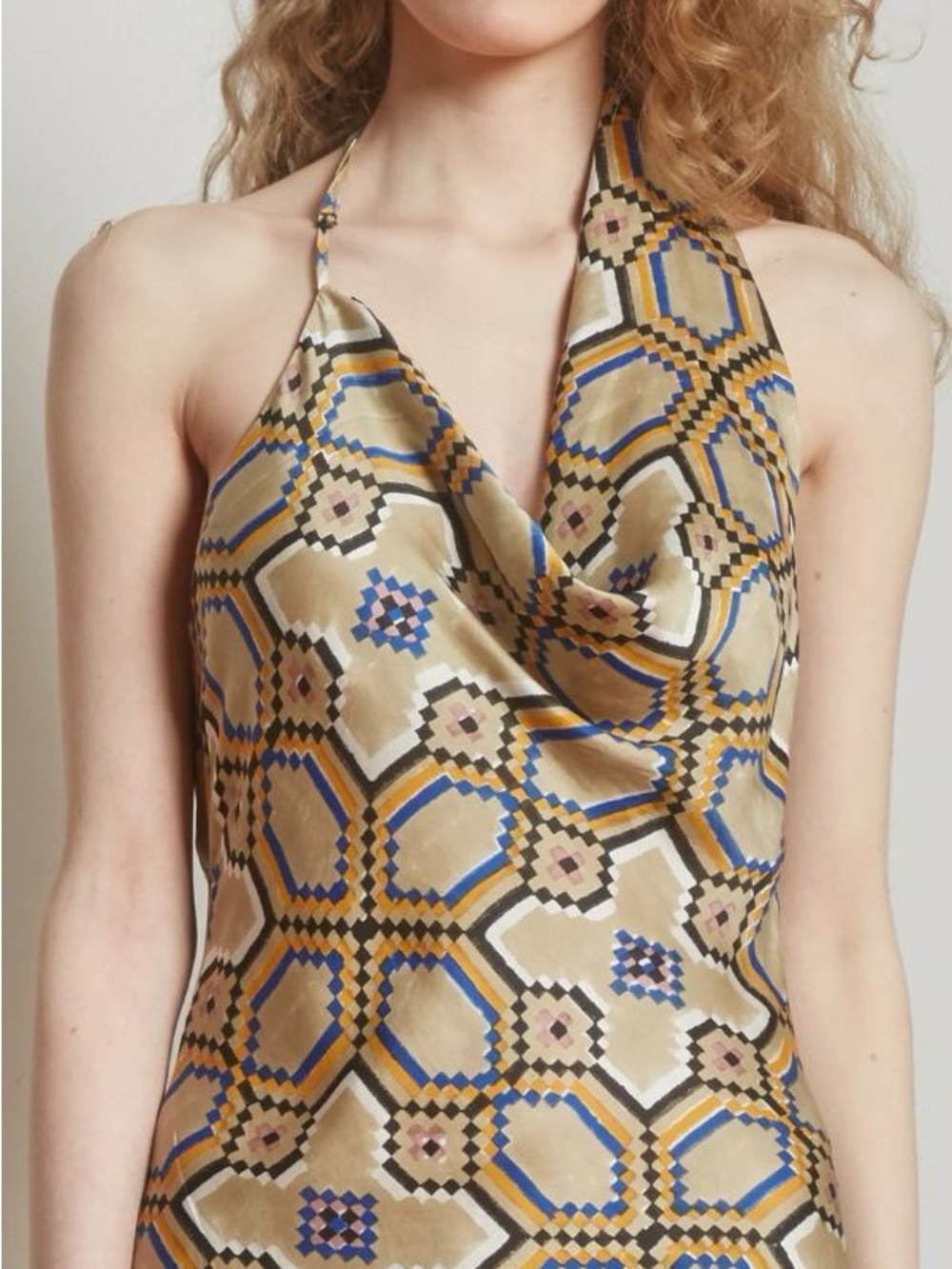 Rujuta Sheth Eve Dress in Courtyard Oat | Gold Geometric Halter Maxi Dress - Picture 2 of 7